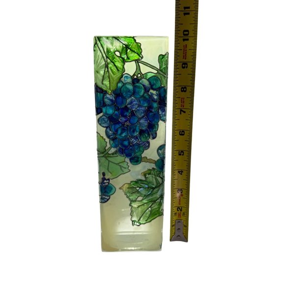 Hand Painted Grapes Vines Leaves Stained Glass Vase Joan Baker Designs 10" Tall - Picture 6 of 15